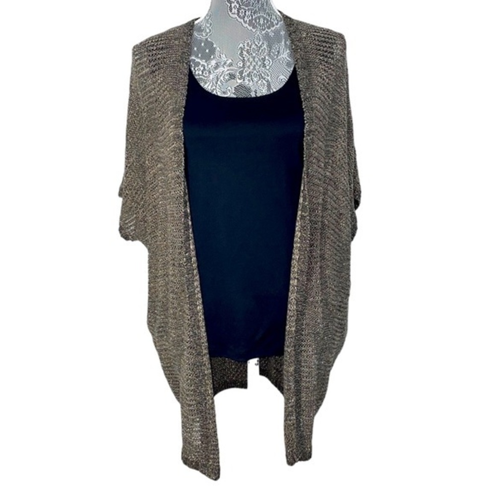 Eileen Fisher Size Medium metallic woven cardigan with Dolman short sleeves. EUC